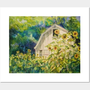 Sunflower Lover's Watercolor Landscape With Barn Posters and Art